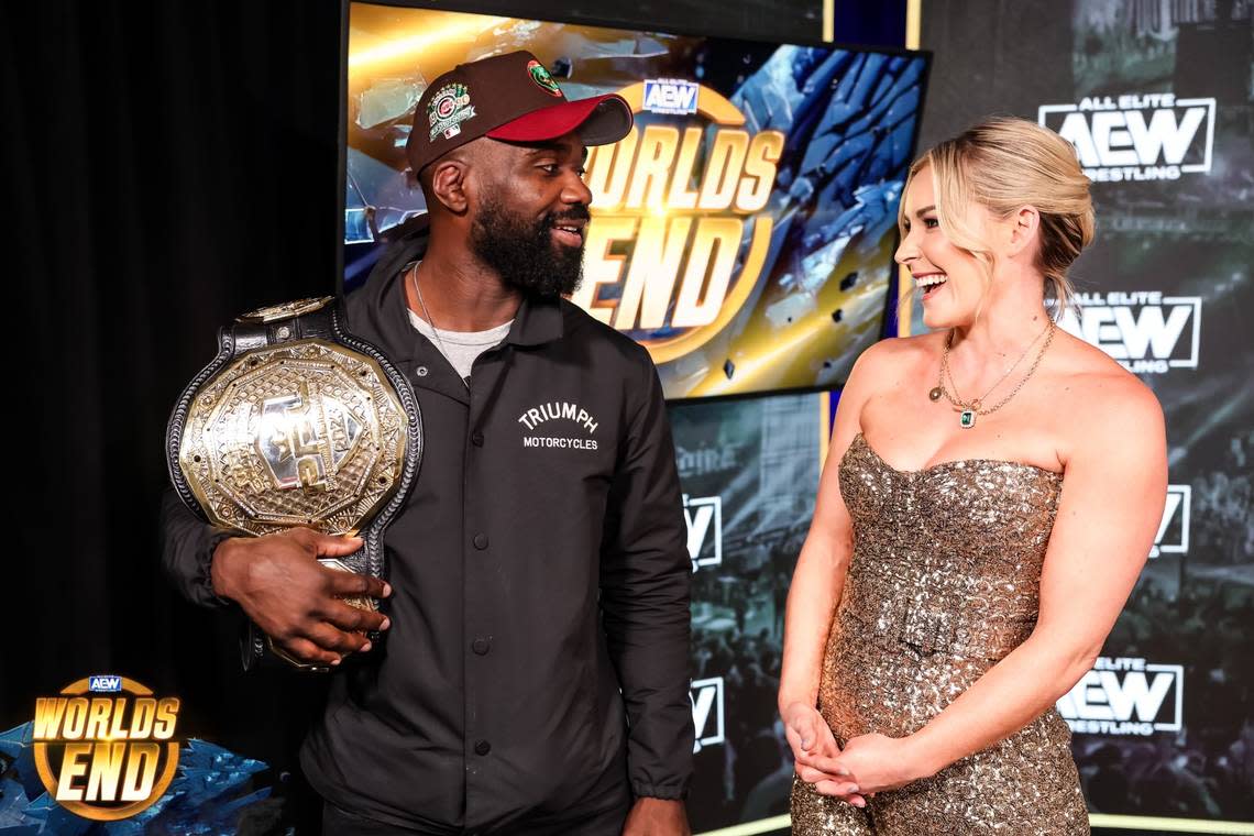 PFL Champ Impa Kasanganay of Kill Cliff FC with All Elite Wrestling talented interviewer/show host Renee Paquette before AEW’s Worlds End PPV at the Nassau Coliseum in Long Island, New York.  