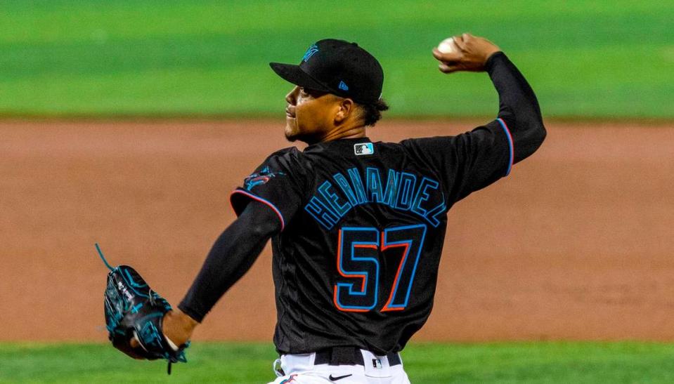 Miami Marlins right-handed pitcher Elieser Hernandez†(57) pitches during the first inning of an MLB game against the Tampa Bay Rays at loanDepot park in the Little Havana neighborhood of Miami, Florida, on Saturday, April 3, 2021. The Marlins dropped the last two games to the Rays in the three-game Citrus Series.