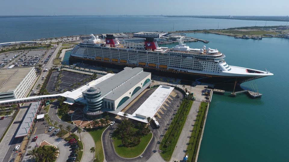 The Disney Dream is shown docked at Port Canaveral's Cruise Terminal 8.