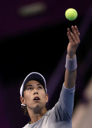 Tennis - WTA Premier 5 - Qatar Open - Finals - Doha, Qatar - February 18, 2018. Gabrine Muguruza of Spain is seen in action against Petra Kvitova of Czech Republic. REUTERS/Ibraheem Al Omari