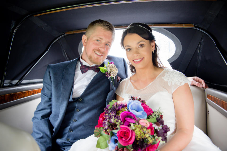<em>Big day – Sam and Anna Shepherd were surprised to find 200 Vikings bearing down on them as they posed for wedding photos (Pictures: SWNS)</em>