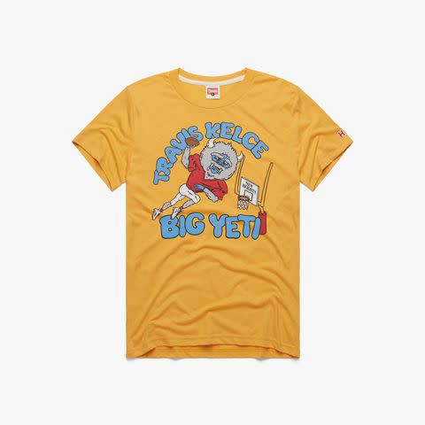 <p>Homage</p> HOMAGE's Travis Kelce 'Big Yeti' t-shirt was worn by Jason Kelce at the Chiefs vs. Buffalo Bills game on Jan. 21, 2024