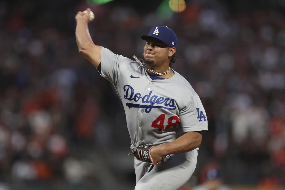 Los Angeles Dodgers' Brusdar Graterol pitches against the San Francisco Giants during the second inning of Game 5 of a baseball National League Division Series Thursday, Oct. 14, 2021, in San Francisco. (AP Photo/Jed Jacobsohn)