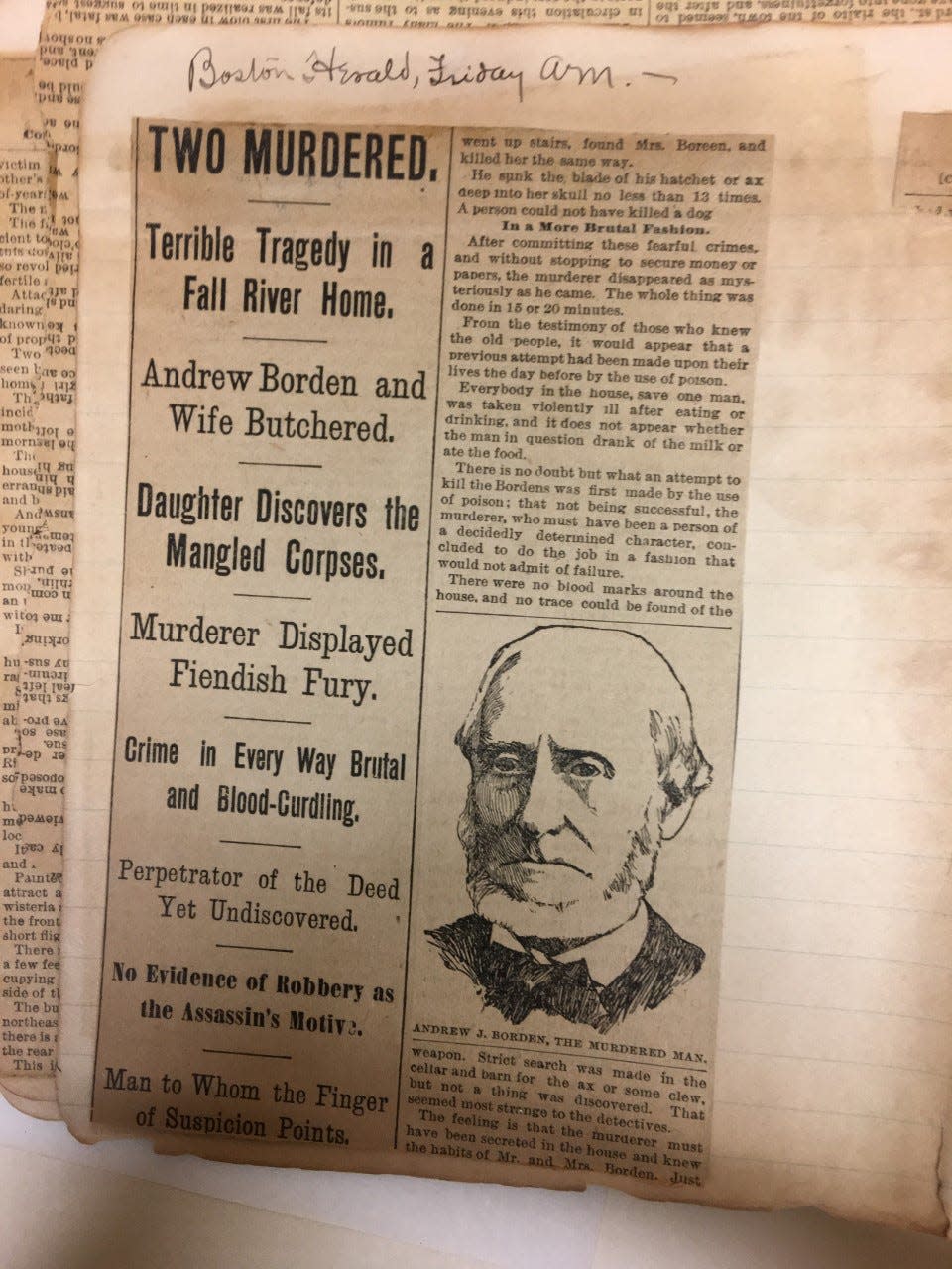 A newspaper clipping was saved in the original journal by Lizzie Borden defense attorney Andrew Jackson Jennings.