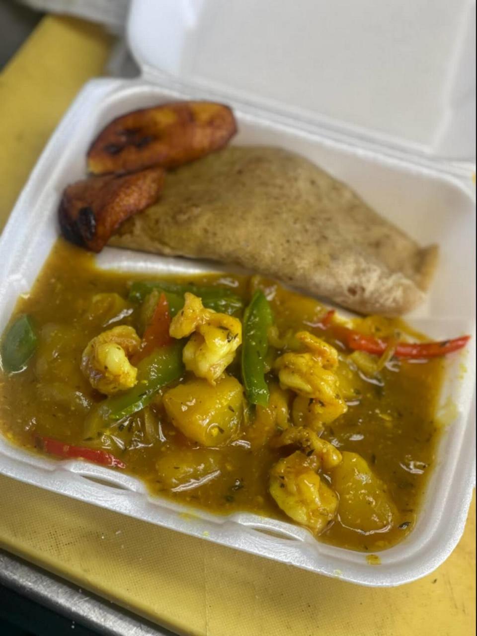 Curry shrimp and roti at Crooklyn New York Caribbean Cuisine in Macon.
