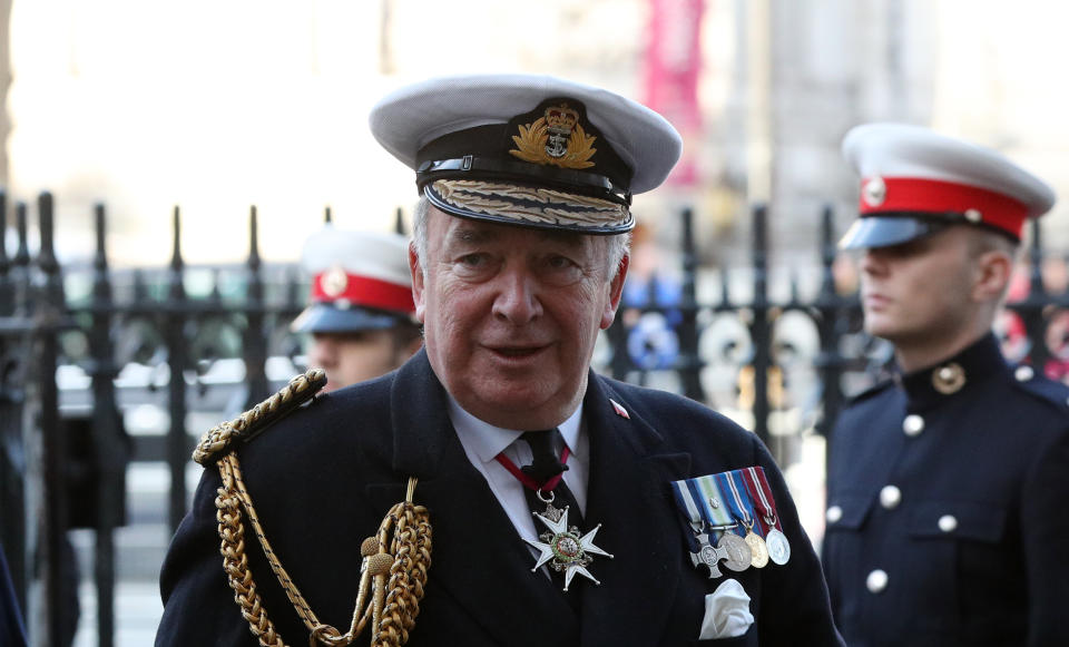 Admiral Lord Alan West arriving for a service of thanksgiving for the life and work of Sir Donald Gosling at Westminster Abbey in London. (Photo by Jonathan Brady/PA Images via Getty Images)
