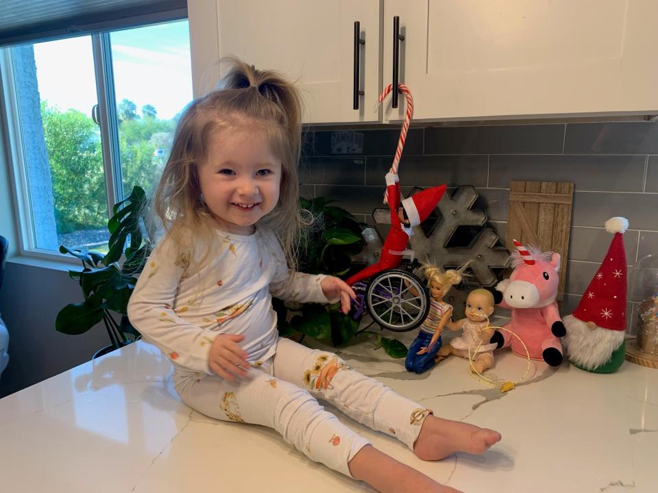 Two-year-old Stella Lackey, of Phoenix, was born with a fatal muscle-wasting disease. She received gene therapy when she was 5 weeks old and continues to get physical and occupational therapy to build her strength.