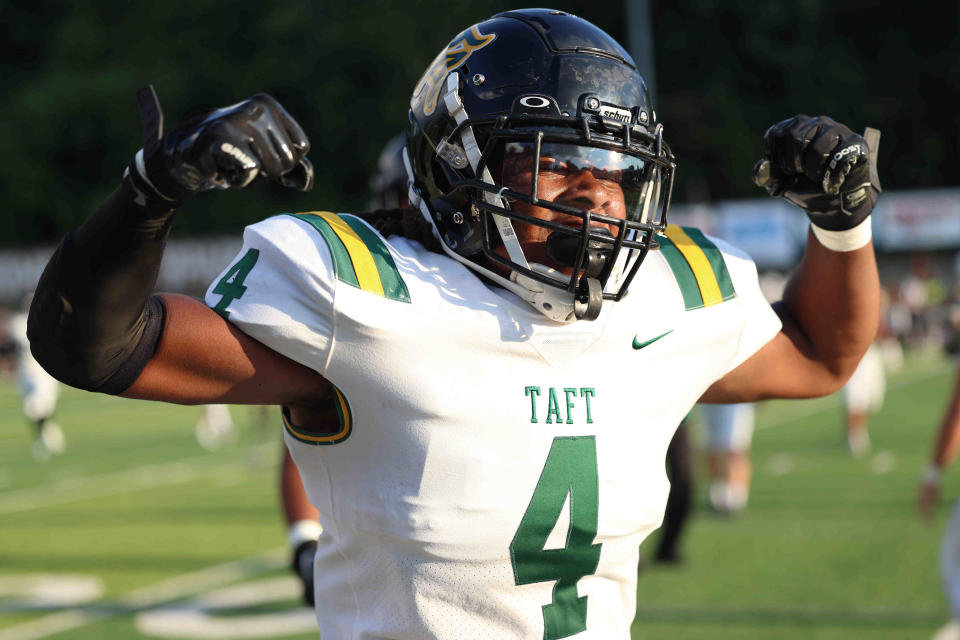 Taft linebacker Ronald Cutts (4) reacts after a sack during their football game against Roger Bacon Thursday, Aug. 18