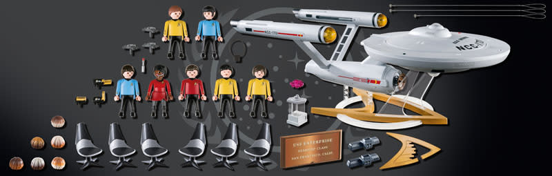 Playmobil's Star Trek U.S.S. Enterprise set including Kirk, Spock, Sulu, and Uhura figures. Additional items include crew chairs and other accessories.