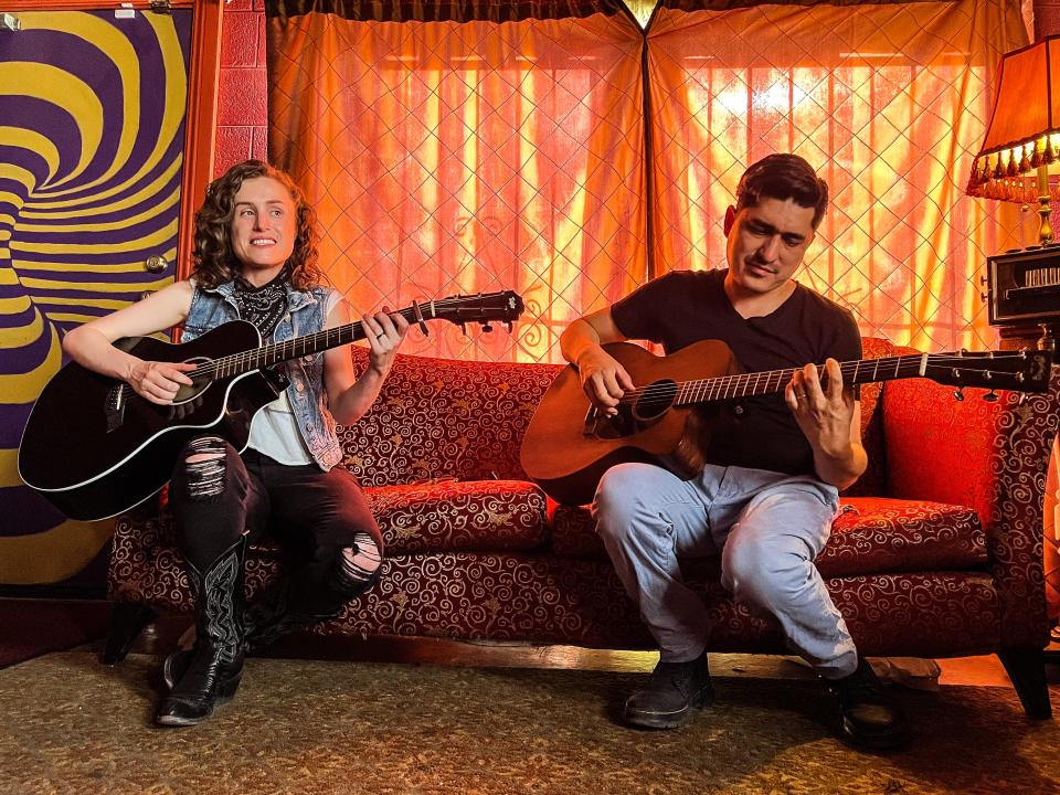 El Paso musicians Emily Davis and Javier Martinez practice Wednesday at The Living Room, 2310 N. Piedras St., Suite A, ahead of a release party for her new EP, “Living in the Past Tense,” on Saturday night.