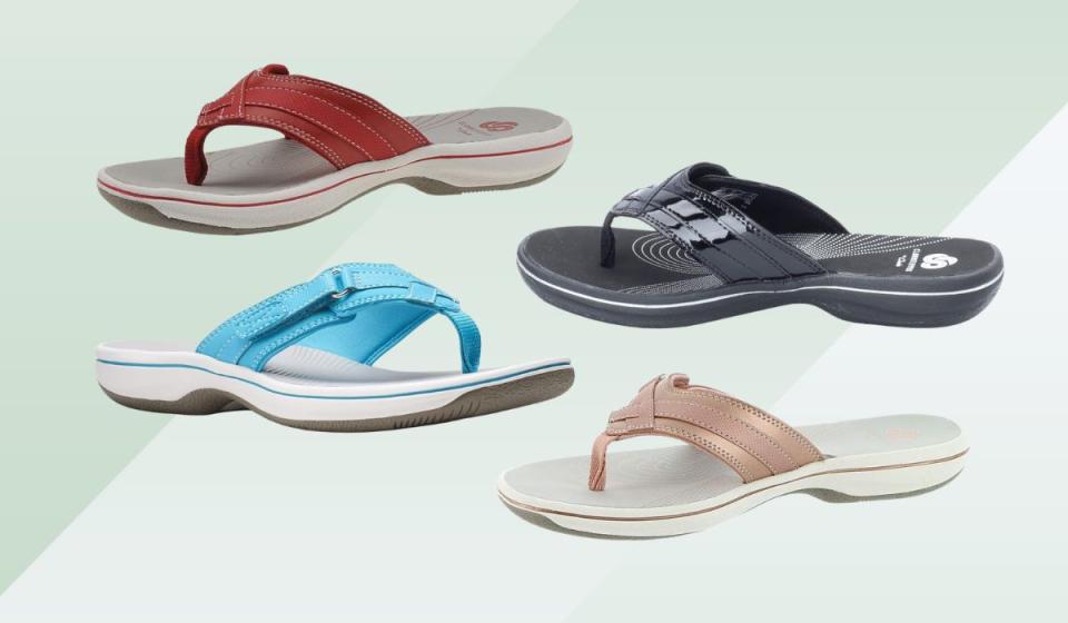 Four pairs of Clarks sandals in red, blue, black, and rose gold.