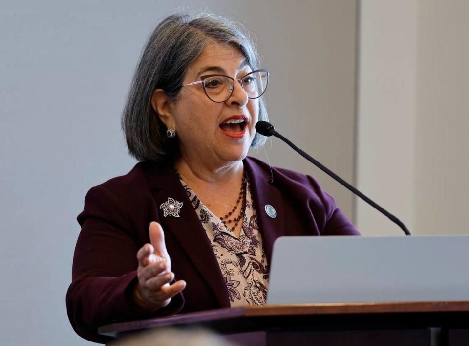 Miami-Dade County Mayor Daniella Levine Cava speaks during the Miami Leadership Local conference at in Miami on Friday, October 27, 2023.