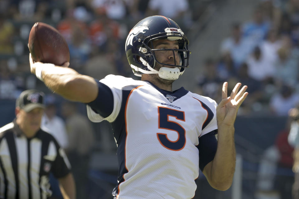 Denver Broncos quarterback Joe Flacco passes against the Los Angeles Chargers during the first half of an NFL football game Sunday, Oct. 6, 2019, in Carson, Calif. (AP Photo/Alex Gallardo)