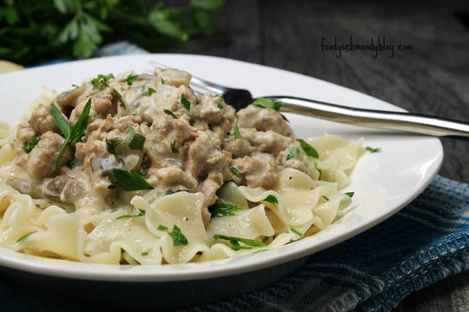 <p>Foody Schmoody Blog</p><p>A quick and easy twist on a classic recipe; replacing garlic, onions and spices with Kraft French Onion Dip.</p><p><strong>Get the recipe: <a href="https://foodyschmoodyblog.com/shortcut-turkey-stroganoff/" rel="nofollow noopener" target="_blank" data-ylk="slk:Shortcut Turkey Stroganoff;elm:context_link;itc:0;sec:content-canvas" class="link ">Shortcut Turkey Stroganoff</a></strong></p>