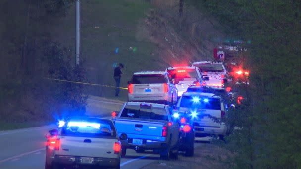 PHOTO: Emergency vehicles respond near the scene of a helicopter crash in Shelby County, Alabama, on Sunday, April 2, 2023. (WBMA)