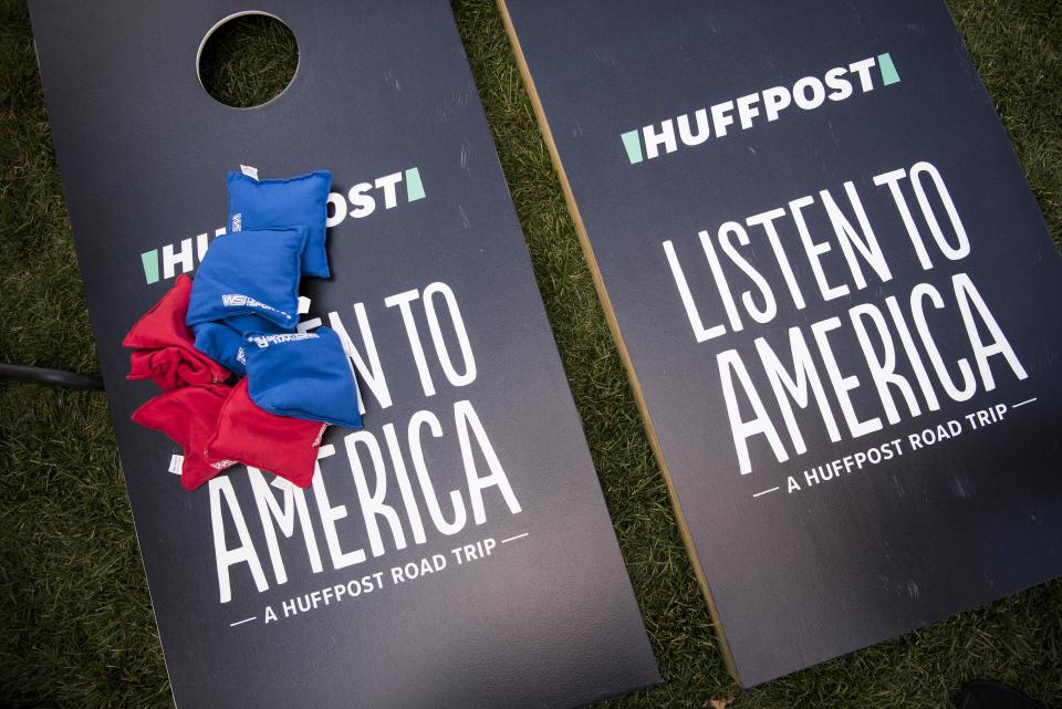 A game of cornhole sits at the HuffPost&nbsp;activation site.