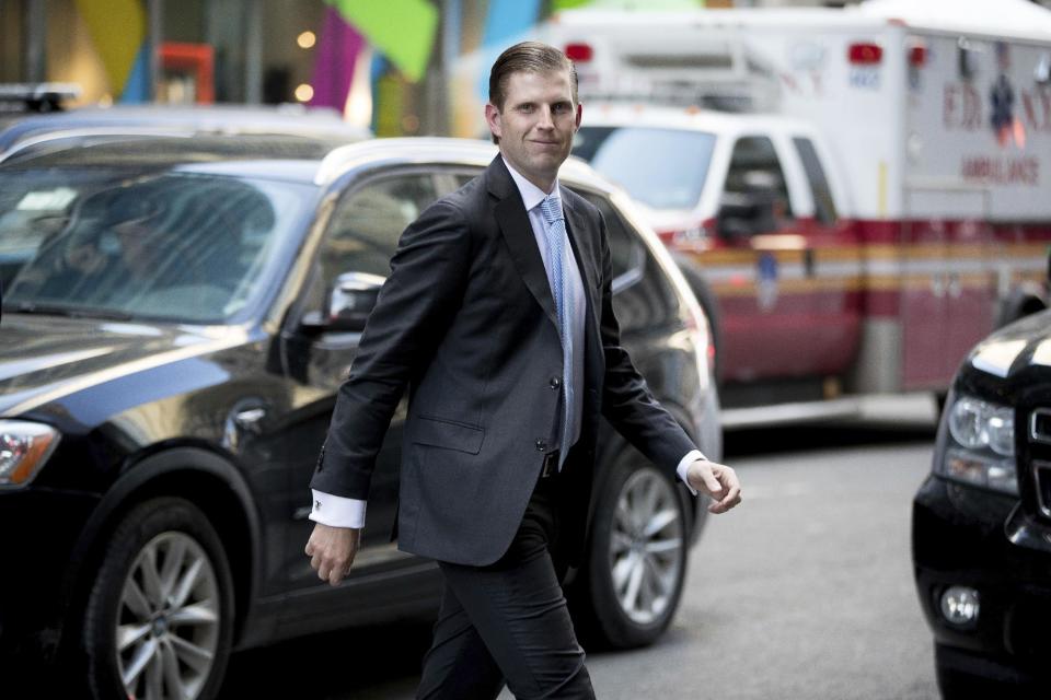 Eric Trump, son of President-elect Donald Trump, arrives at Trump Tower, in New York, Friday, Jan. 6, 2017. (AP Photo/Andrew Harnik)