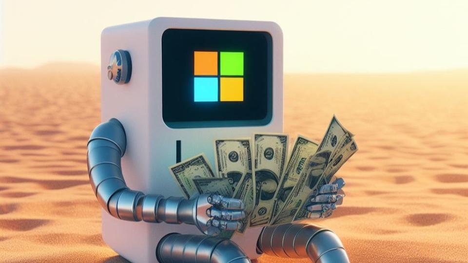 Microsoft-themed robot counting money on a beach
