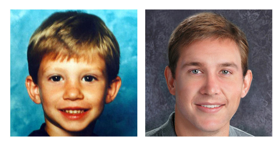 This two-picture combo of photos provided by the National Center for Missing & Exploited Children shows Victor Shoemaker Jr. when he was reported missing on May 1, 1994, at age 5 near Kirby, W.Va. , left, and an age-progression photo depicting Victor Shoemaker Jr. at age 24. Twenty years after Shoemaker vanished while playing with two cousins along a West Virginia mountainside, his parents hold the belief that their only child is still alive. The boy known as J.R. had been in the woods behind his grandfather's mobile home in Hampshire County when two cousins emerged without him on May 1, 1994. No trace of him was ever found. (AP Photo/National Center for Missing & Exploited Children)