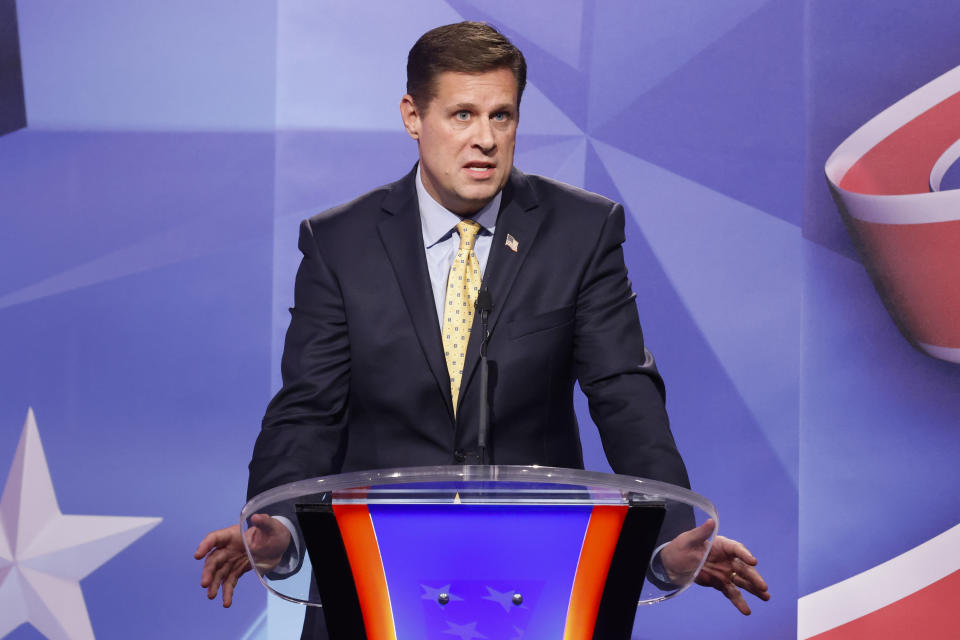 Massachusetts gubernatorial candidate Geoff Diehl faces Maura Healey at their final debate at WCVB Channel 5 in Needham, Mass. Thursday, Oct. 20, 2022. (Carlin Stiehl/The Boston Globe via AP, Pool)