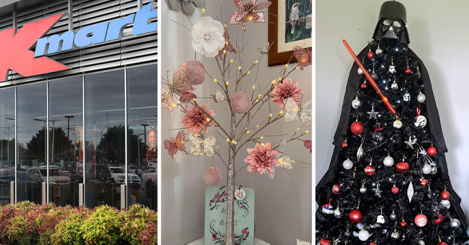L: Kmart store M: Kmart twig tree with pink decor R: Darth Vader themed black Christmas tree