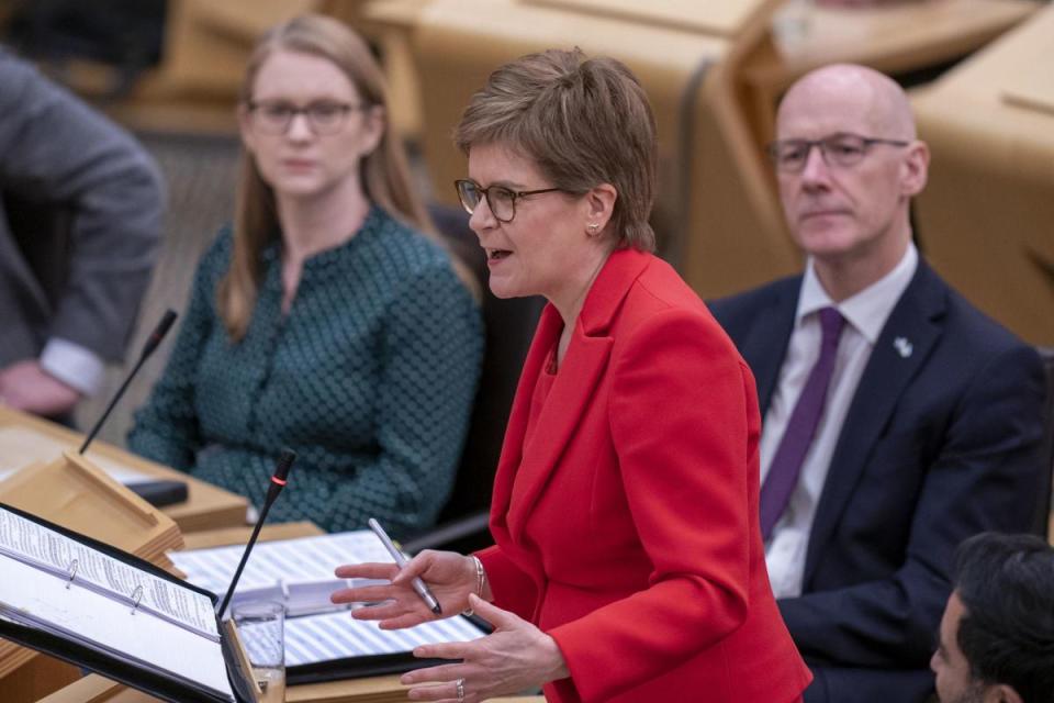 Nicola Sturgeon speaking at First Minister's Questions today announced a new drive to recruit hosts to accommodate Ukrainian refugees. <i>(Image: PA)</i>