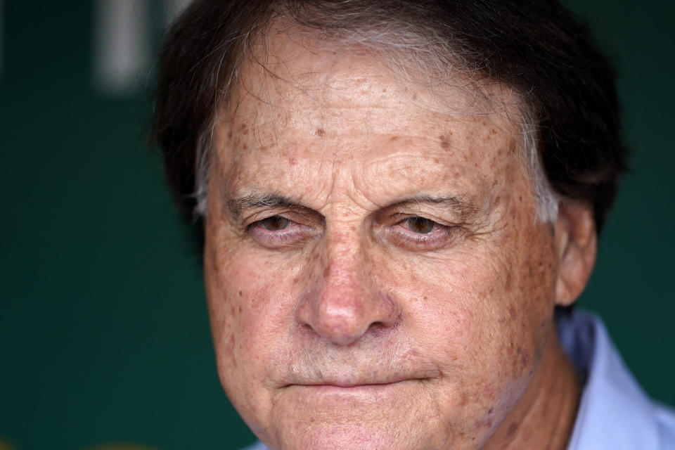 FILE - Chicago White Sox manager Tony La Russa talks to reporters in the dugout before a baseball game against the Oakland Athletics in Oakland, Calif., Sept. 11, 2022. La Russa has stepped down as manager of the White Sox because of a heart issue. The announcement Monday, Oct. 3, 2022, ends a disappointing two-year run in the same spot where the Hall of Famer got his first job as a big league skipper. (AP Photo/Godofredo A. Vásquez, File)