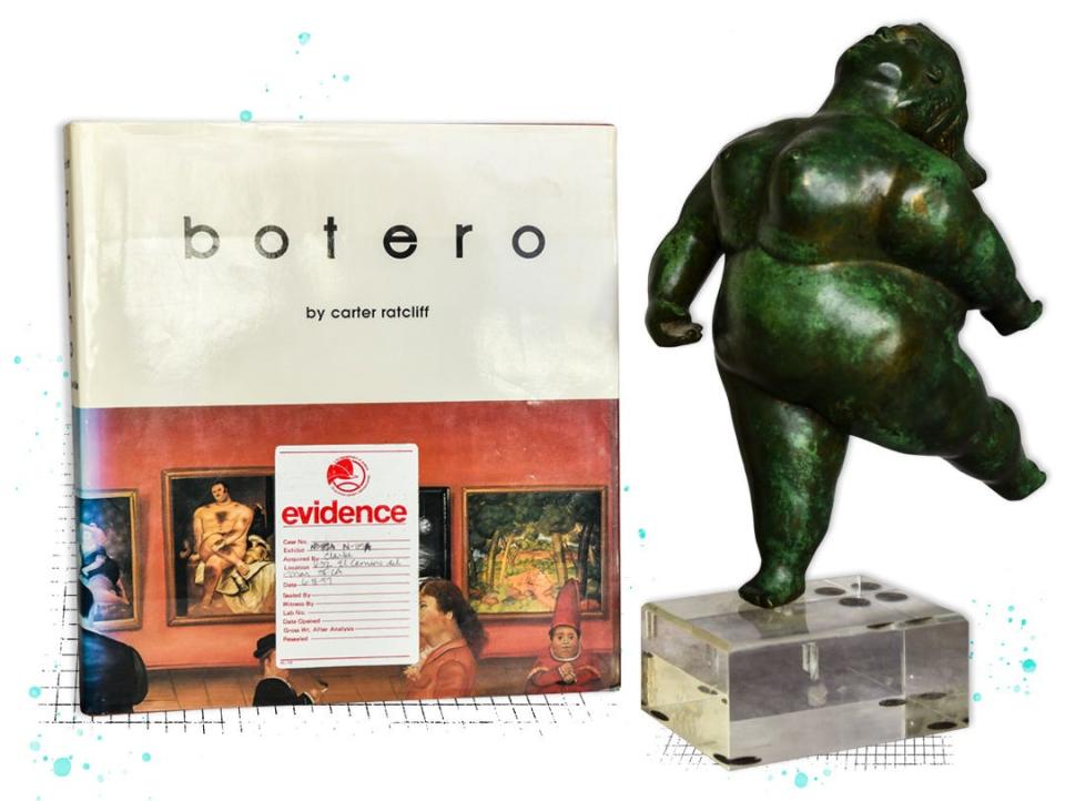 A Botero book and bronze sculpture that were seized as evidence from Frank and Alexander's home.