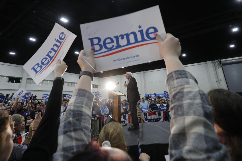 Democratic presidential candidate, Sen. Bernie Sanders, I-Vt., pauses as he speaks at a campaign event in Myrtle Beach, S.C., Wednesday, Feb. 26, 2020. (AP Photo/Gerald Herbert)