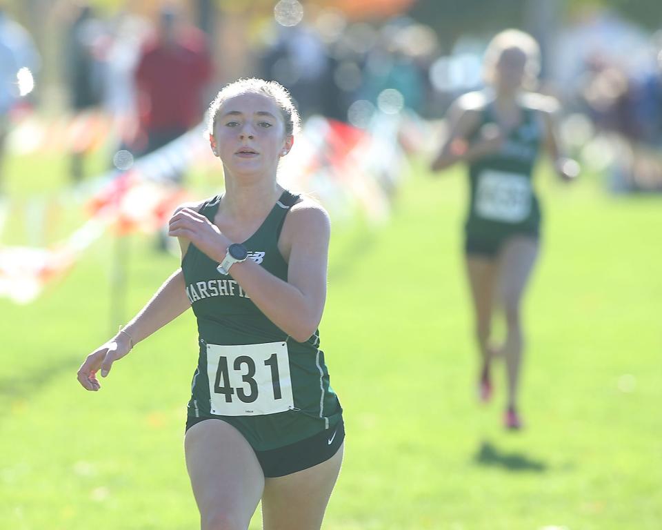 Marshfield’s Ava Brunswick finishes strong to take fourth overall during the Patriot League Championship meet at Hingham High on Saturday, Oct. 29, 2022. Marshfield girls won with 29 points to Hingham’s 63, while Marshfield boys won with 61 points to Plymouth South’s 67 points. 