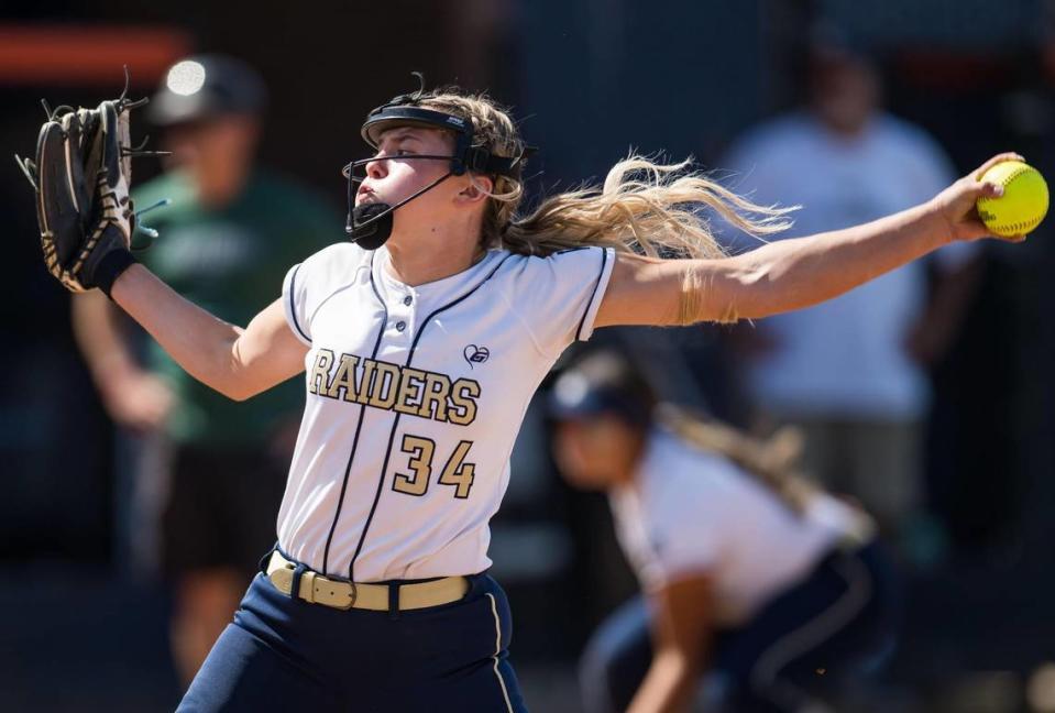 Central Catholic Raiders pitcher Randi Roelling (34) throws in the first inning against the Ponderosa Bruins during the CIF Sac-Joaquin Section Division III high school softball championship game Saturday, May 27, 2023, at Cosumnes River College.