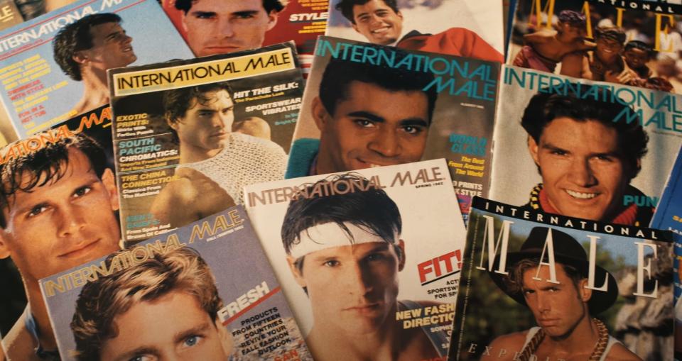 A collection of International Male magazine covers featuring various male models from the 1980s and 1990s