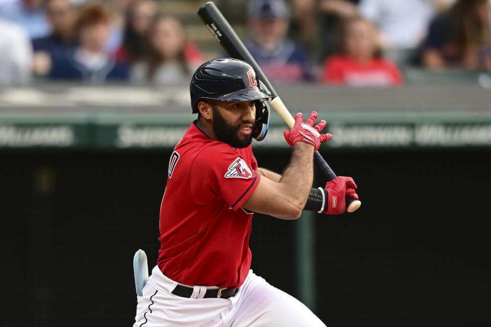 Cleveland Guardians' Amed Rosario watches his RBI single against the Oakland Athletics during the third inning of a baseball game Wednesday, June 21, 2023, in Cleveland. (AP Photo/David Dermer)