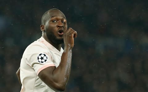 Manchester United's Romelu Lukaku celebrates after scoring his side's opening goal during the Champions League round of 16, 2nd leg, soccer match between Paris Saint Germain and Manchester United at the Parc des Princes stadium in Paris, France, Wednesday, March. 6, 2019 - Credit: AP&nbsp;