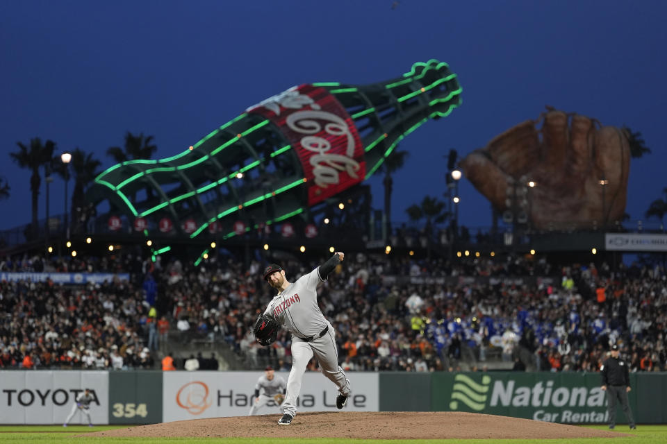 Arizona Diamondbacks pitcher Jordan Montgomery works against the San Francisco Giants during the third inning of a baseball game in San Francisco, Friday, April 19, 2024. (AP Photo/Jeff Chiu)