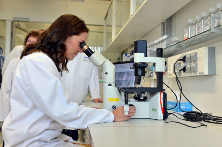 The duchess took the time to look through a microscope.