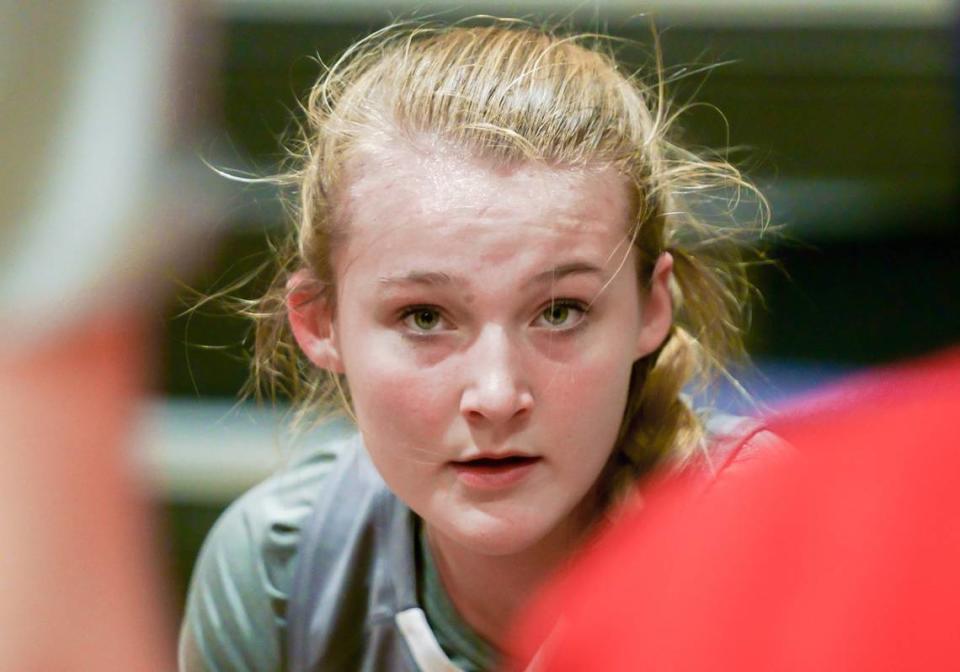 Davidson Day’s Mallorie Haines (center) awaits action to resume after the games 1st timeout. Carmel Christian would host Davidson Day Thursday, January 9, 2019.January 9, 2019. Jonathan Aguallo/Special to the Observer