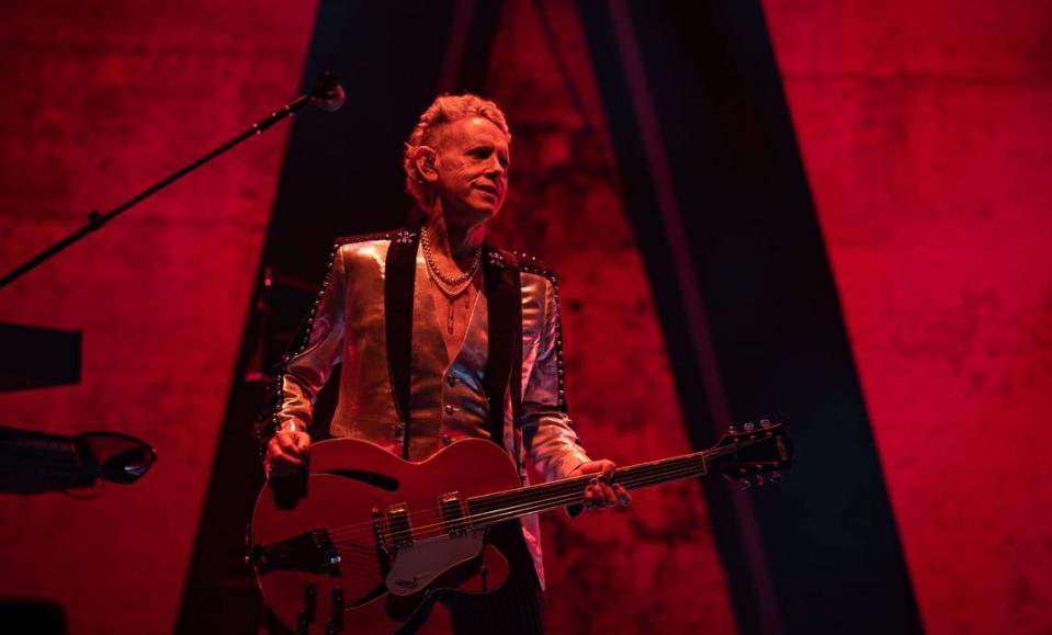 Depeche Mode’s Martin Gore plays the guitar during the sold-out concert at Golden 1 Center on Thursday, March 23, 2023, the first show of the band’s “Memento Mori” world tour.