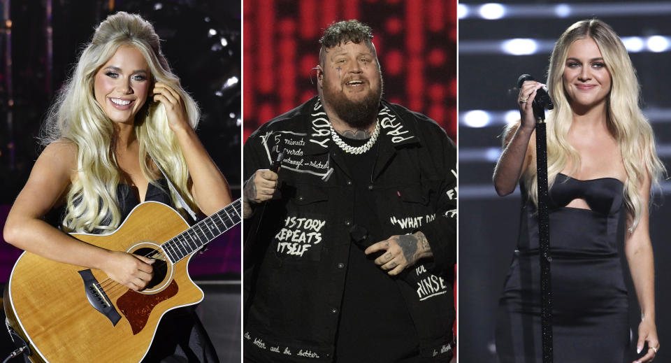 This combination of photos shows country music stars Megan Moroney, left, performing April 2, 2023, in Austin, Texas, Jelly Roll performing Feb. 2, 2024, in Los Angeles, center, and Kelsea Ballerini performing Sept. 11, 2023, in Newark, N.J. (AP Photo)