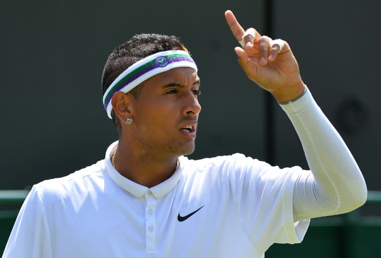 Australia's Nick Kyrgios during his Wimbledon match against Canada's Milos Raonic at The All England Tennis Club in Wimbledon on July 3, 2015