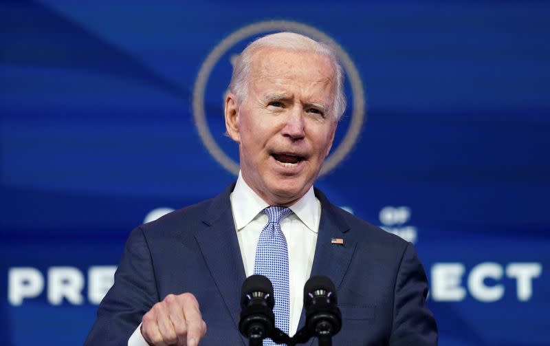 U.S. president-elect Joe Biden speaks in Wilmington, Delaware