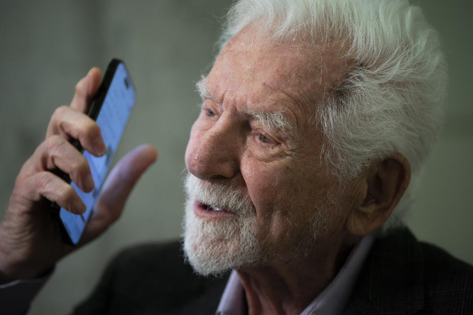 Marty Cooper, the inventor of first commercial mobile phone, during an interview with The Associated Press during the Mobile World Congress 2023 in Barcelona, Spain, Monday, Feb. 27, 2023. The four-day show kicks off Monday in a vast Barcelona conference center. It's the world's biggest and most influential meeting for the mobile tech industry. (AP Photo/Joan Mateu Parra)