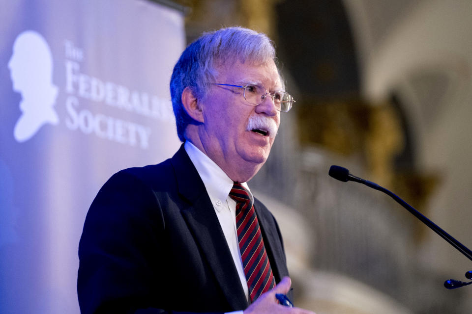 National Security Adviser John Bolton speaks at a Federalist Society luncheon at the Mayflower Hotel, Monday, Sept. 10, 2018, in Washington. (AP Photo/Andrew Harnik)