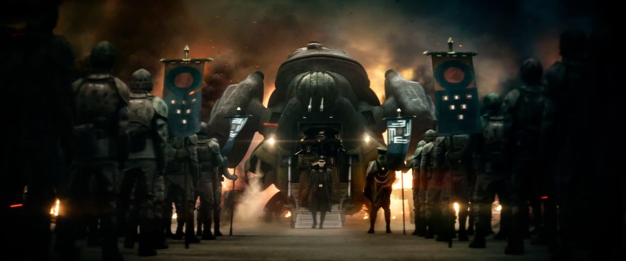 Atticus Noble (Ed Skrein, center) has the military might of the villainous Imperium behind him in "Rebel Moon: Part 2 – The Scargiver."