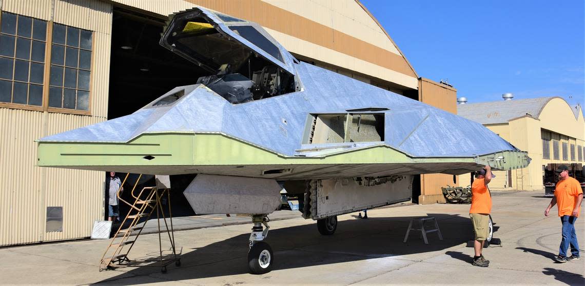 A Lockheed F-117 Nighthawk stealth aircraft was transported from Nevada to the Castle Air Museum restoration hangar early on Friday, July 29, 2022.