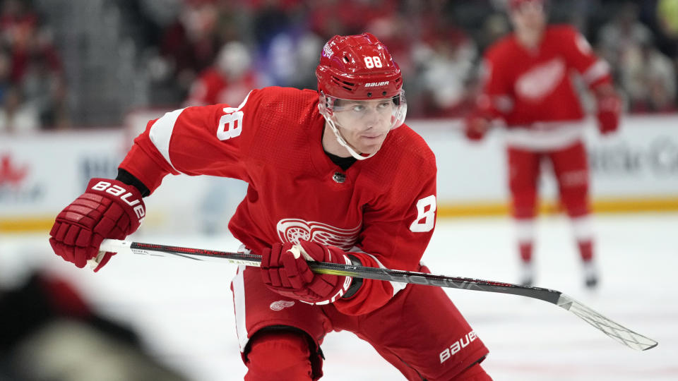 Detroit Red Wings right wing Patrick Kane (88) plays against the Ottawa Senators in the first period of an NHL hockey game Saturday, Dec. 9, 2023, in Detroit. (AP Photo/Paul Sancya)
