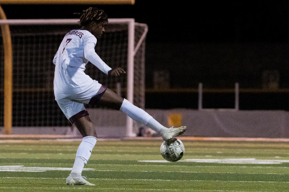 Andress' Isaiah Owens (7) at a District 1-5A boys soccer game against Burges Tuesday, March 7, 2023, at Burges High School in El Paso, Texas.