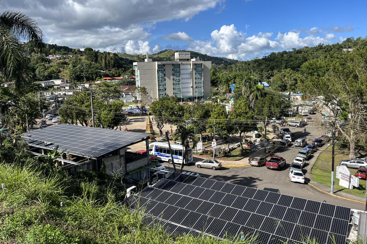 Solar panels from the microgrid in Castañer, a community in the town of Lares, Puerto Rico. (Courtesy Carlos Alberto Velázquez / IREC)