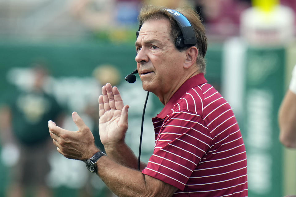 Alabama head coach Nick Saban claps during the first half of an NCAA college football game against South Florida Saturday, Sept. 16, 2023, in Tampa, Fla. (AP Photo/Chris O'Meara)