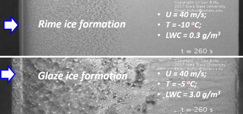 Comparing rime ice and glaze ice shows how each changes the texture of the blade. Gao, Liu and Hu, 2021, <a href="http://creativecommons.org/licenses/by-nd/4.0/" rel="nofollow noopener" target="_blank" data-ylk="slk:CC BY-ND;elm:context_link;itc:0;sec:content-canvas" class="link ">CC BY-ND</a>